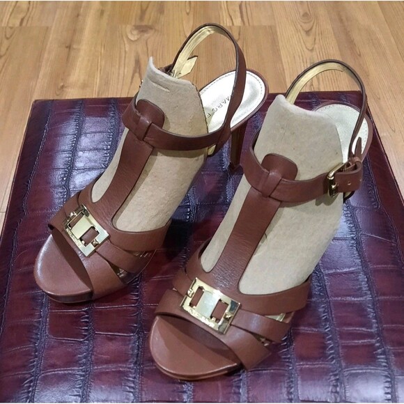Designer Marc Fisher Varika Varika2 Platform Strappy Heel Sandals Brown/Gold 9.5 - Picture 3 of 7